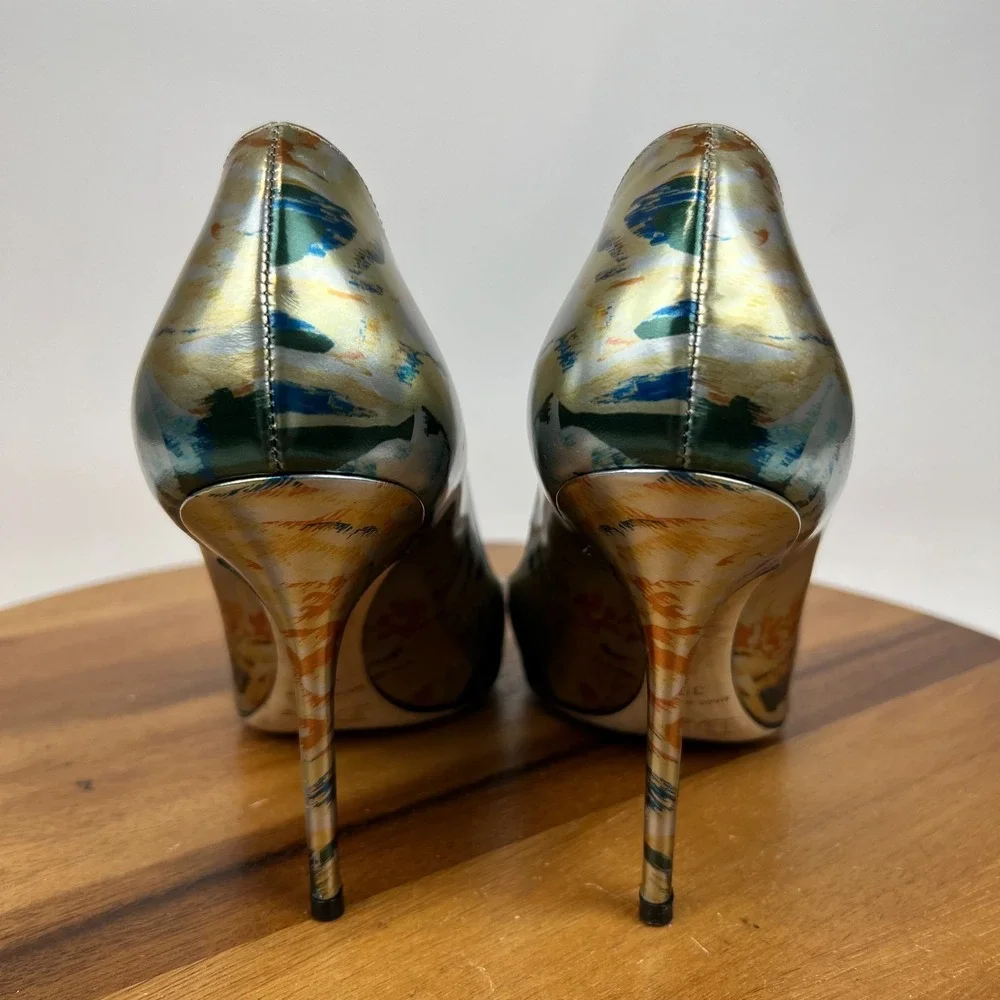 Womens Dior Cherie Metallic Painted Floral Silver Heels Pumps Size‎ 38.5 US 8.5